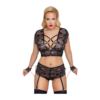 Cottelli Lingerie Black Lace Crotchless Suspender Set With Wrist Cuffs