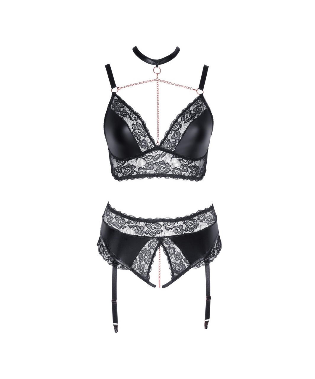 Cottelli Lingerie Black Matte Look & Lace Crotchless Suspender Set - Image 4