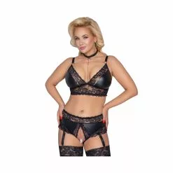 Cottelli Lingerie Black Matte Look & Lace Crotchless Suspender Set