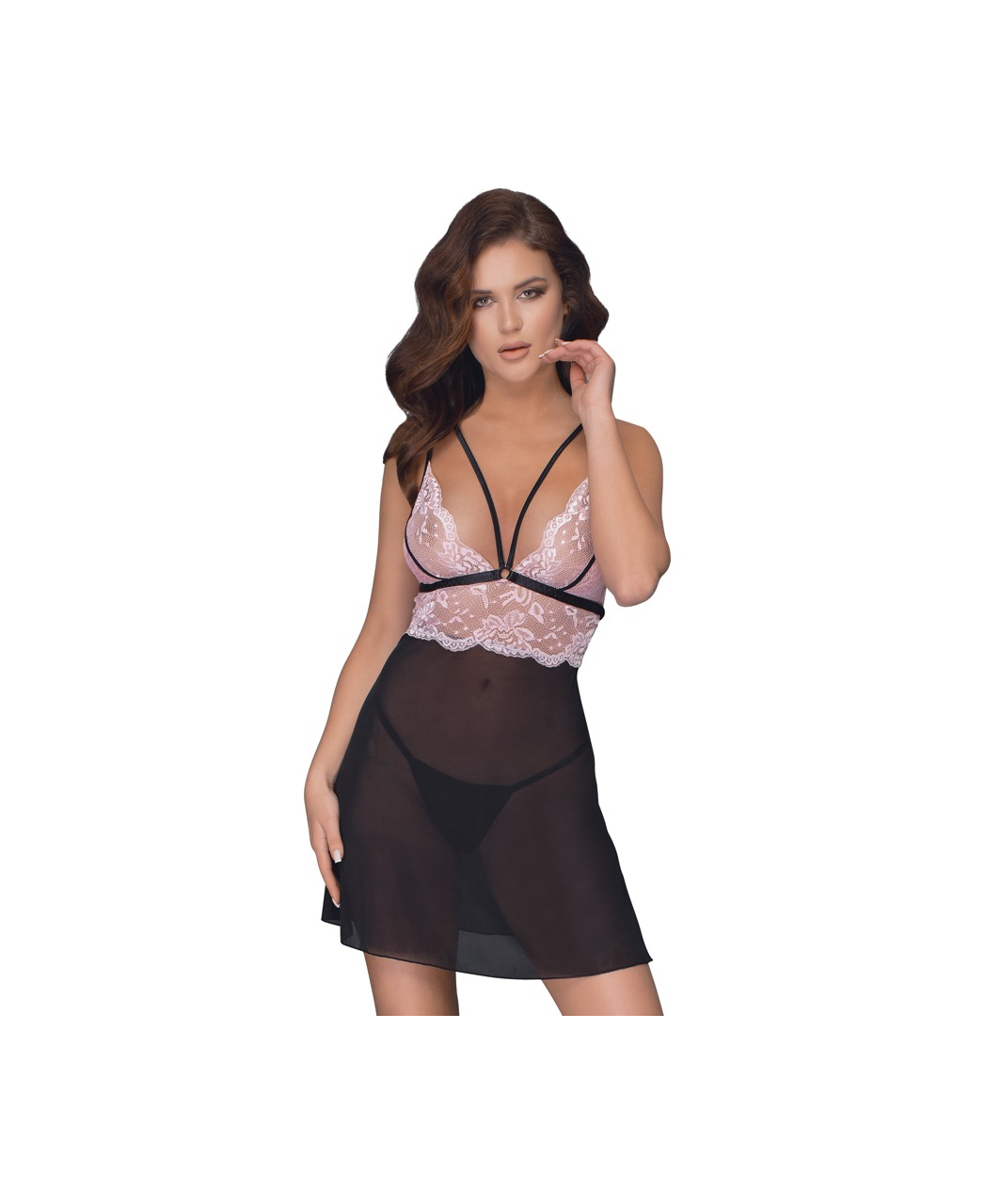 Cottelli Lingerie Black Sheer Chemise With Pink Lace