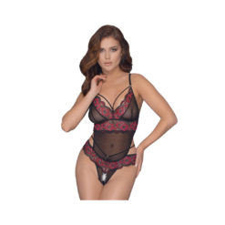 Cottelli Lingerie Black Sheer Mesh Crotchless Bodysuit With Red Embroidery