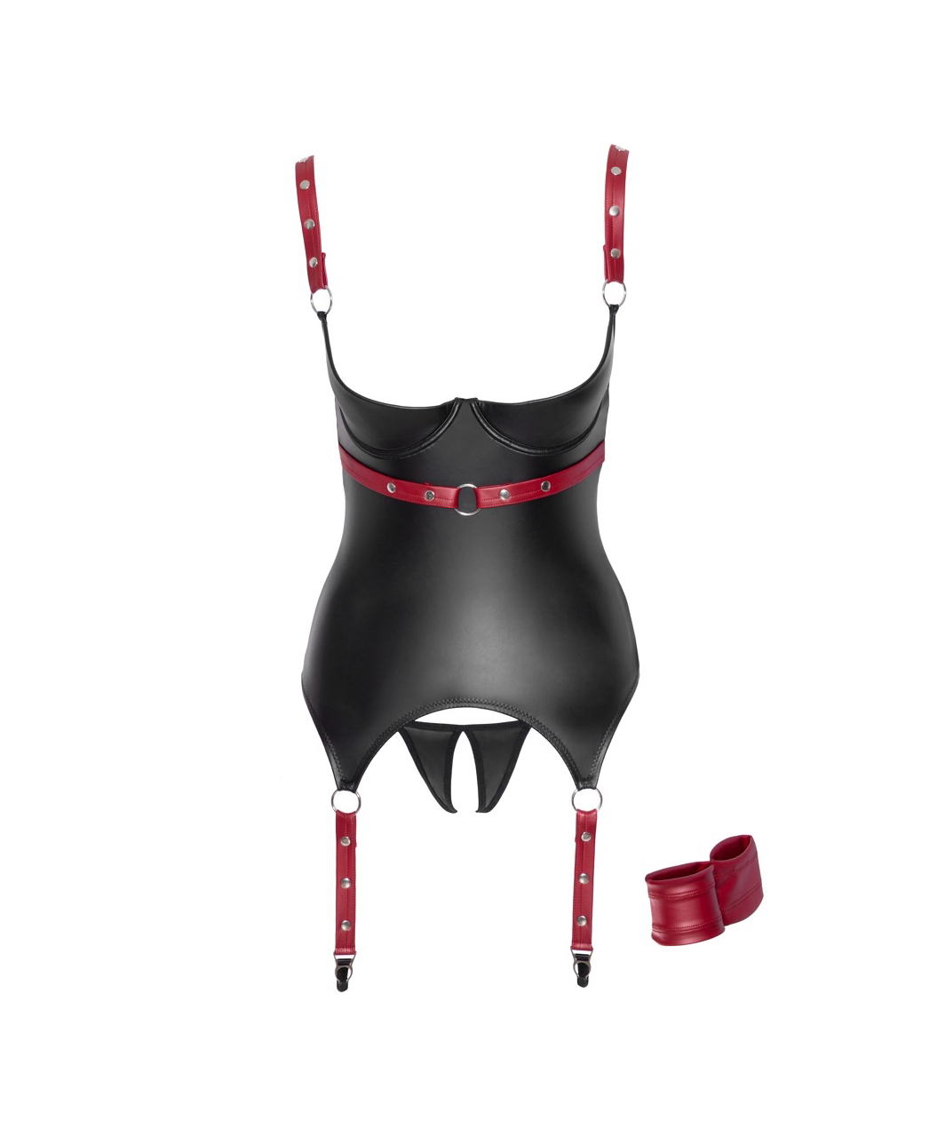 Cottelli Lingerie Bondage Black Matte Look Basque With Red Straps - Image 4