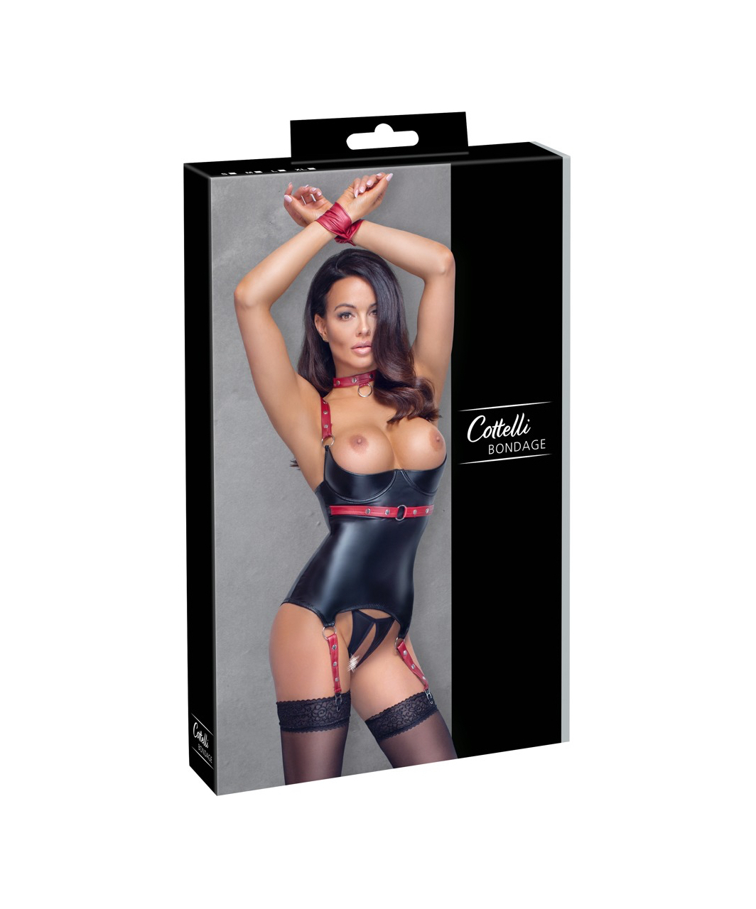 Cottelli Lingerie Bondage Black Matte Look Basque With Red Straps - Image 6