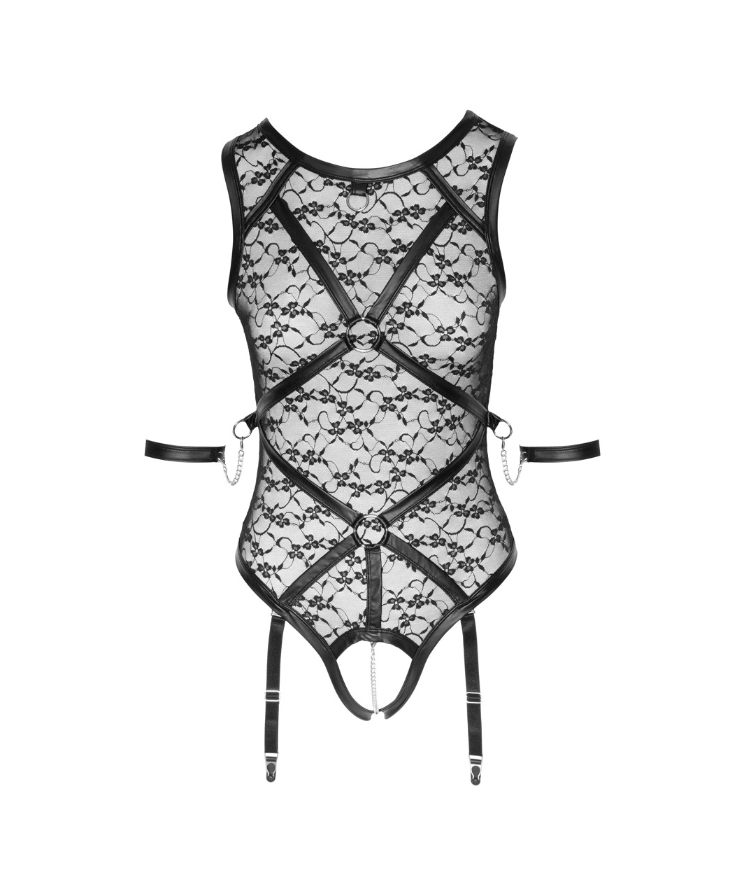 Cottelli Lingerie Bondage Black Sheer Mesh Crotchless Suspender Bodysuit - Image 4