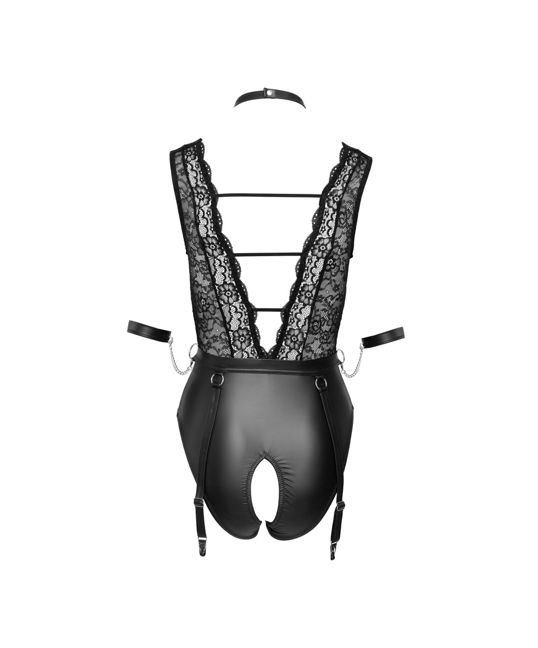 Cottelli Lingerie Bondage Black Matte Look & Lace Crotchless Bodysuit - Image 6