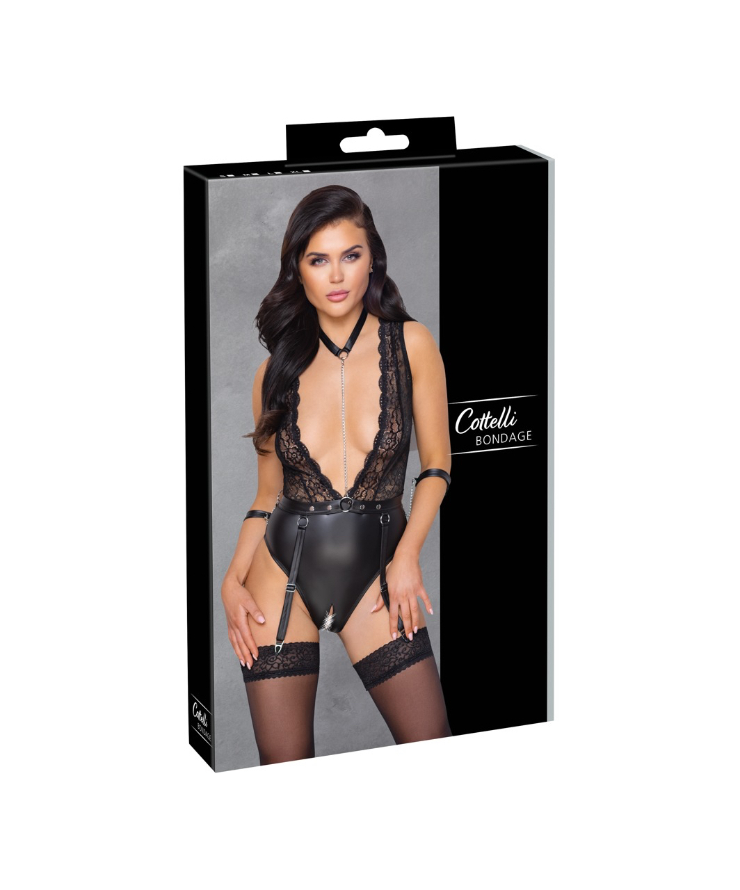 Cottelli Lingerie Bondage Black Matte Look & Lace Crotchless Bodysuit - Image 7