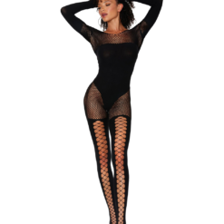 Dreamgirl Black Opaque & Net Bodystocking With Sleeves