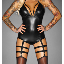 Noir Handmade Black Matte Look Bodysuit With Chains And Suspenders