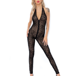 Noir Handmade Black Sheer Mesh Catsuit With Flock Print